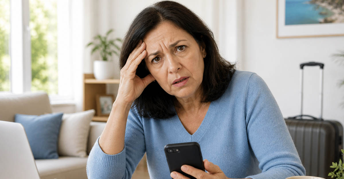 AI-generated image of a woman worried about a travel scam.