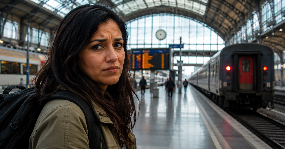 Woman standing next to departing train