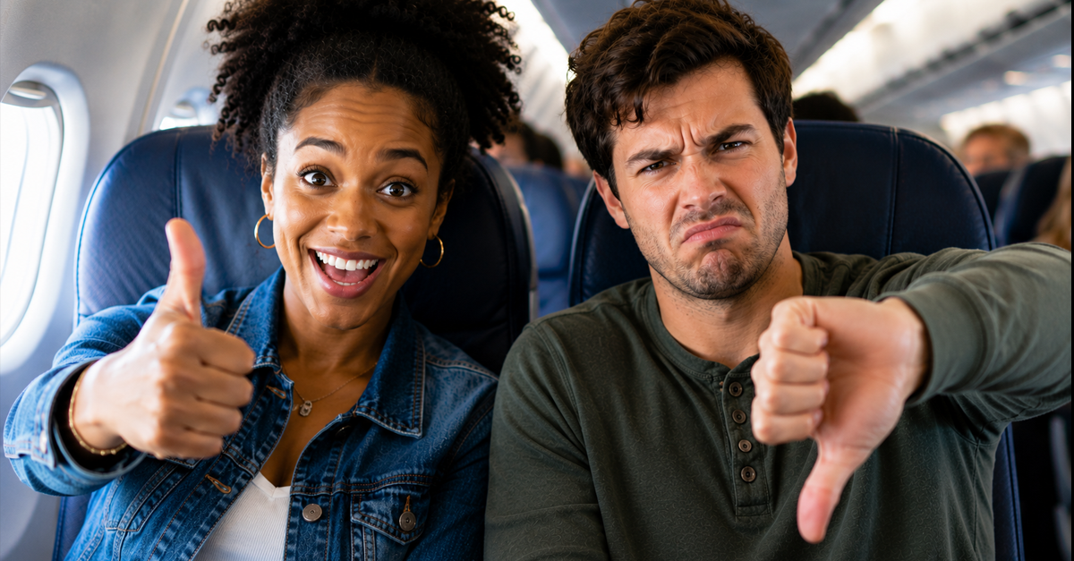 Smiling woman making thumbs up gesture, and frowning man making thumbs down gesture