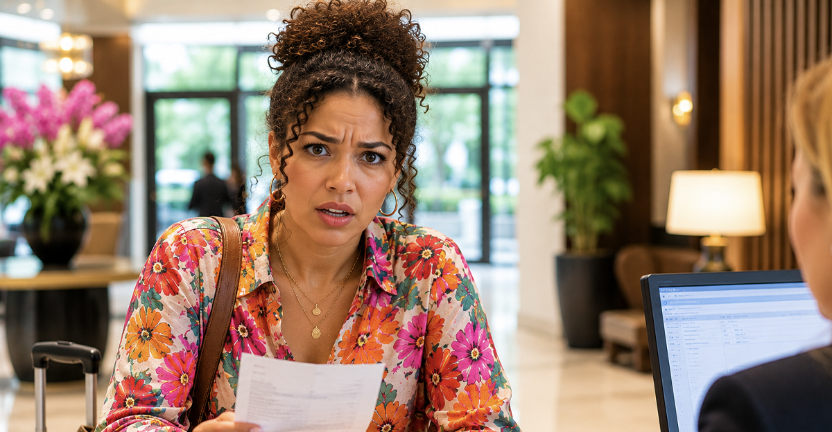 AI-generated image of a woman worried about a hotel security deposit.