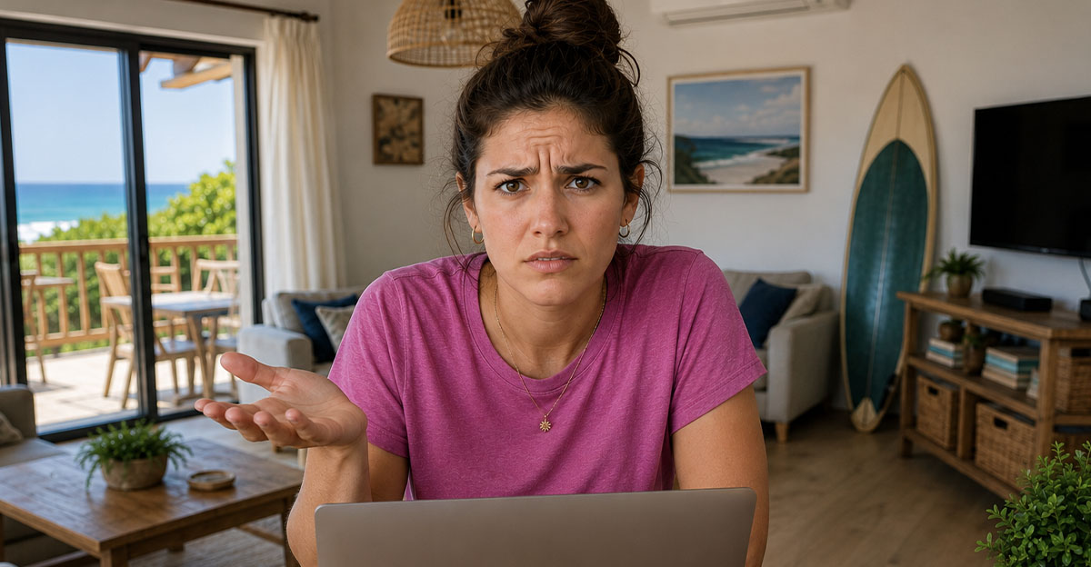 AI-generated image of a woman worried about the internet speed at her Airbnb.