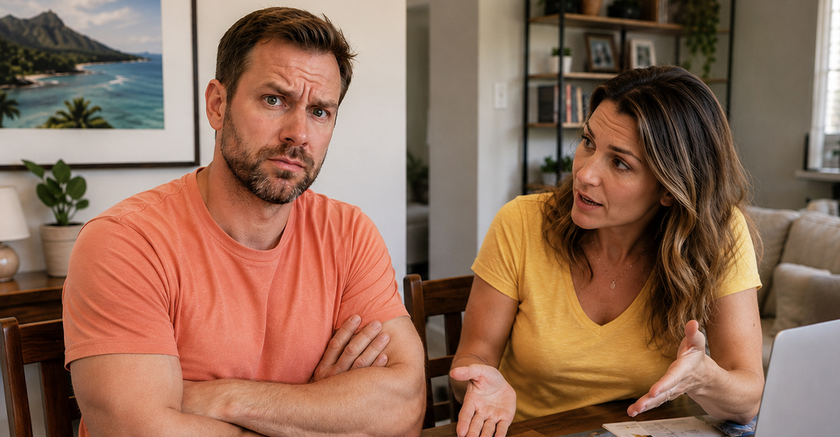 AI-generated image of a couple trying to determine a travel budget.