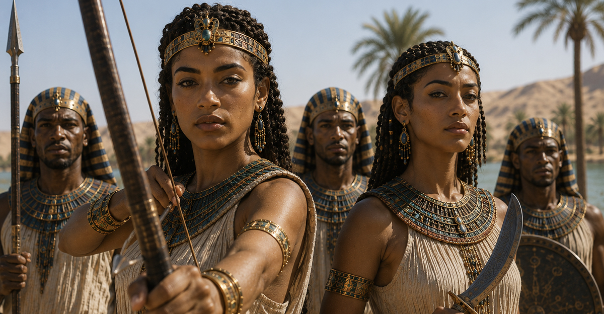 AI-generated image of ancient Egyptian princesses wielding weapons.