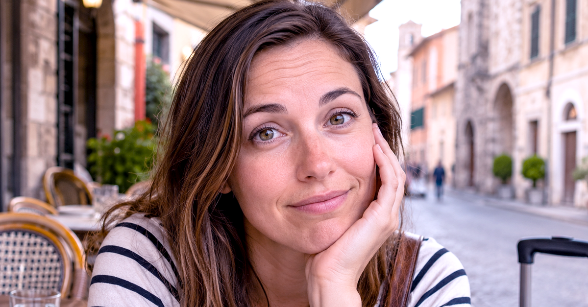 Female American tourist with a small smile while sitting in a European cafe
