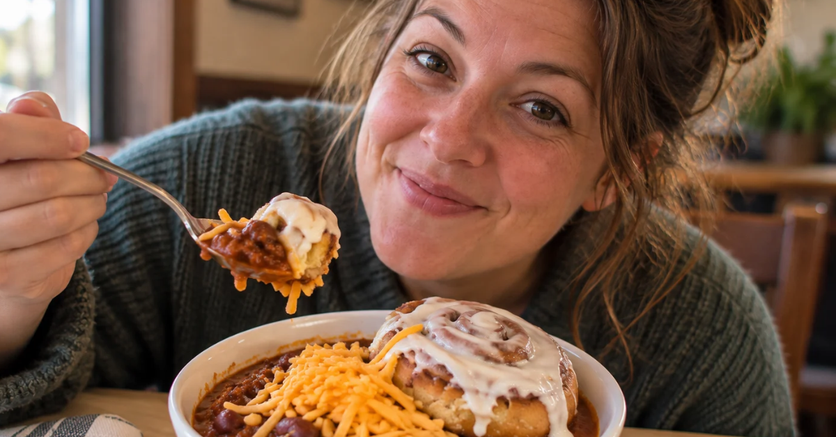 Selfie while eating Chili and Cinnamon Rolls.