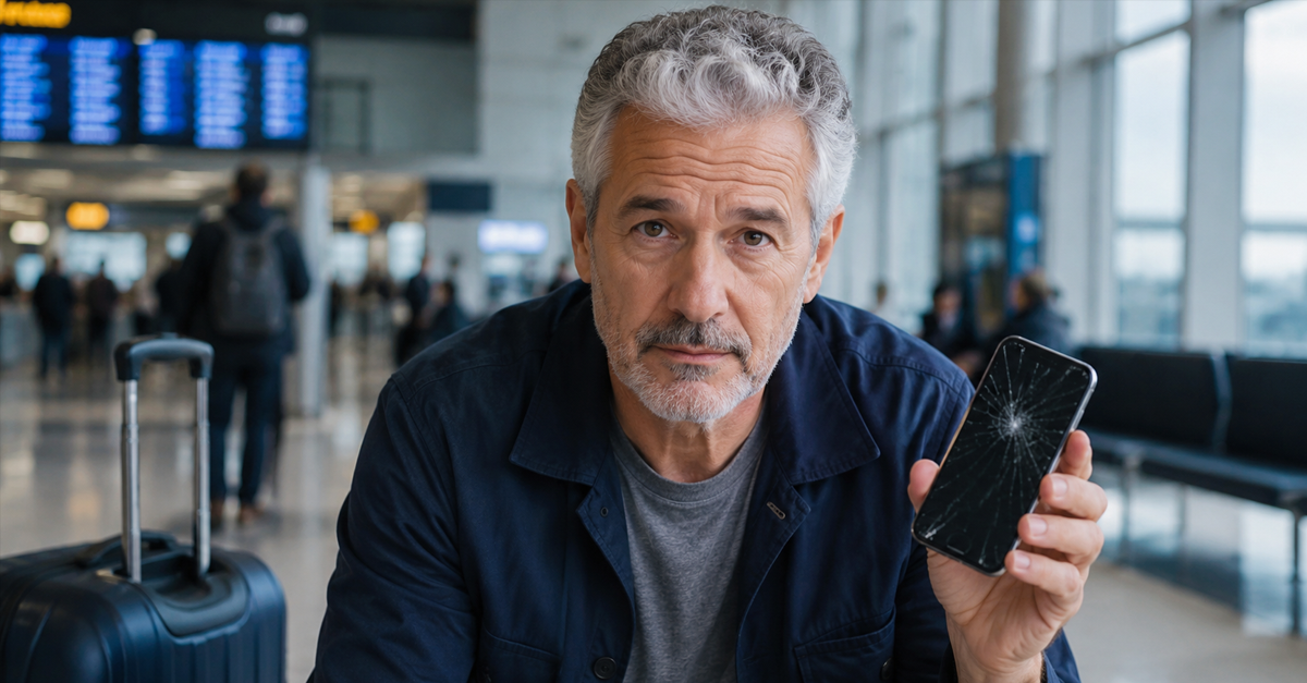 Man with white hair, holding broken phone in airport