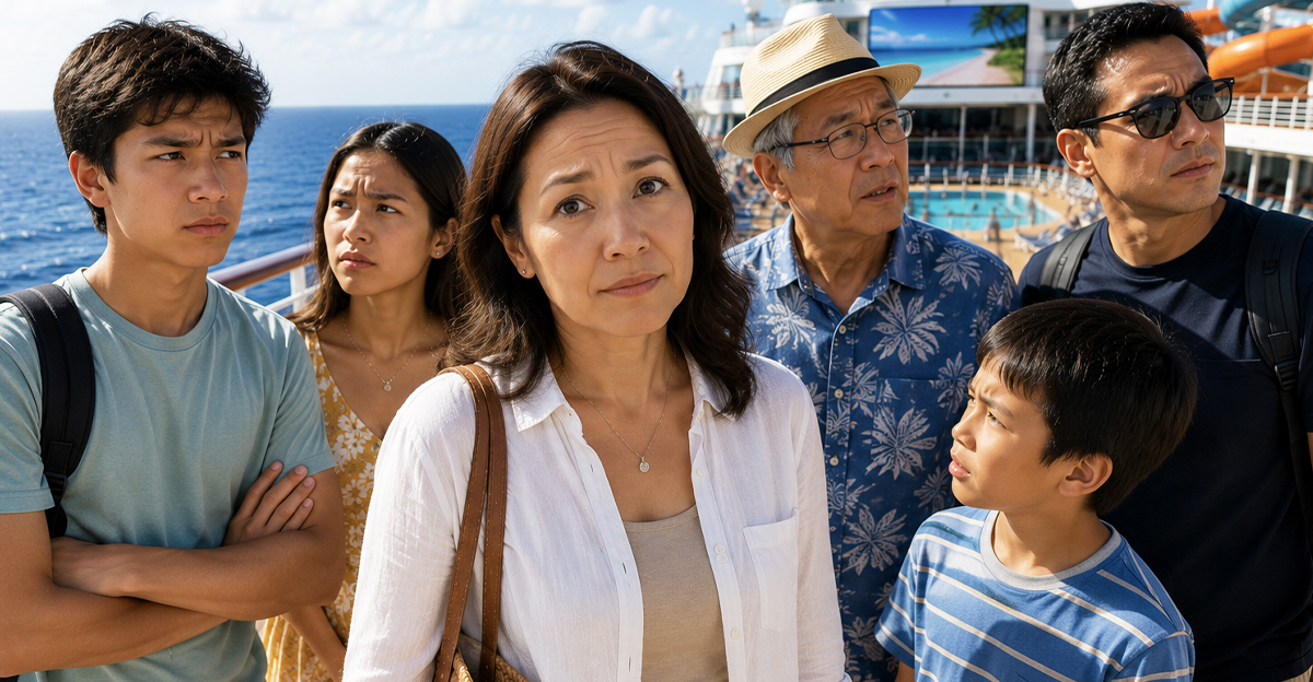 AI-generated image of a family squabbling on their multigenerational cruise.
