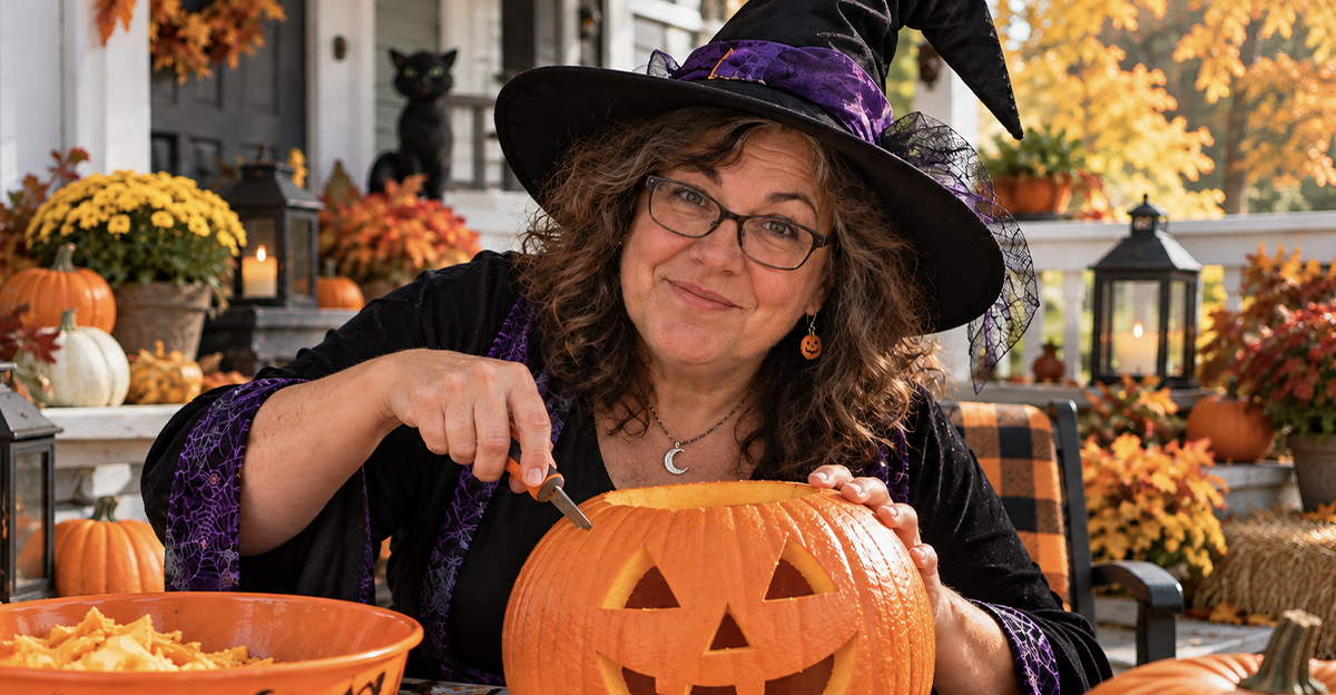 AI-generated image of a woman dressed as witch carving a jack-o'-lantern.