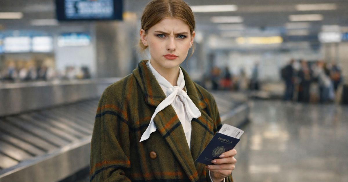 Young woman with passport near baggage claim
