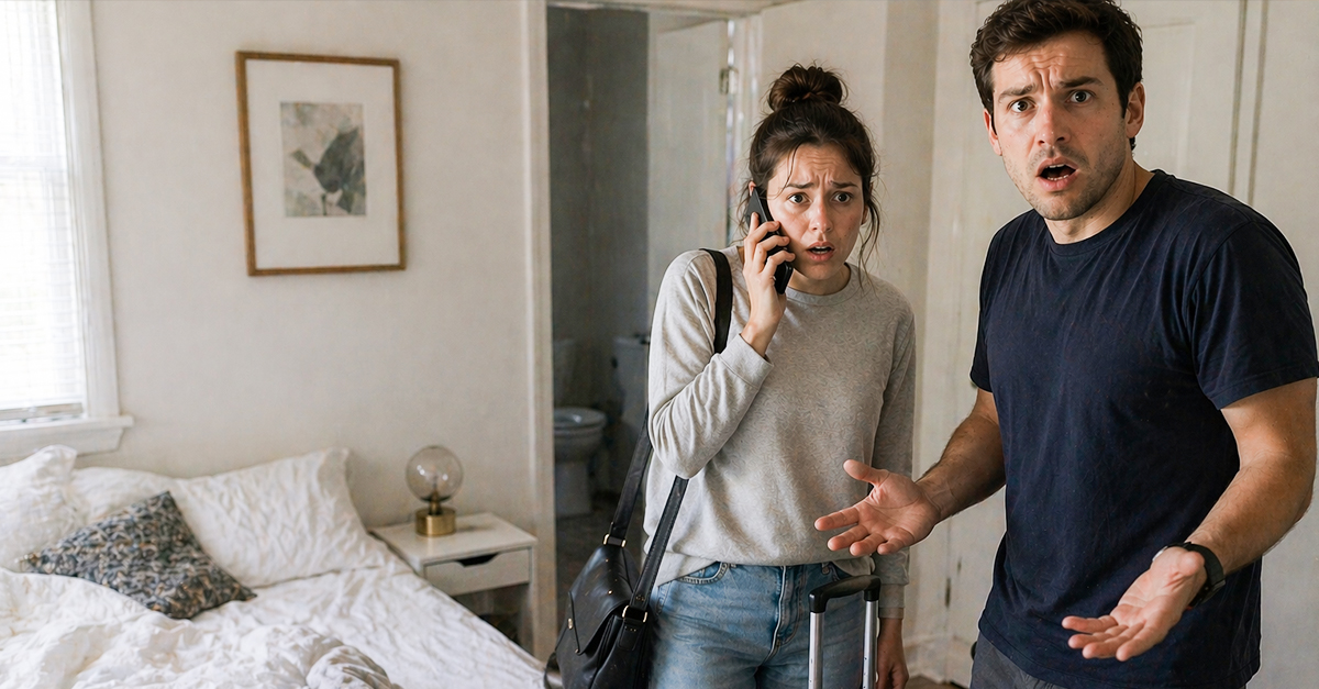 Unsatisfied couple at a dirty room booking. Woman on the phone, while the man has his hands out.