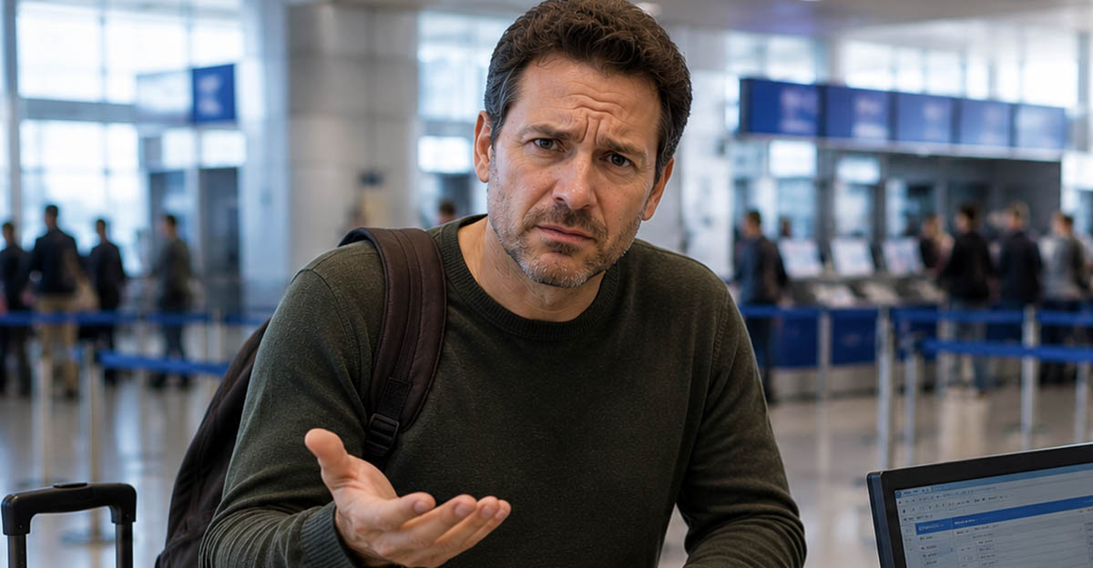 AI-generated image of a man upset over being bumped from a flight.