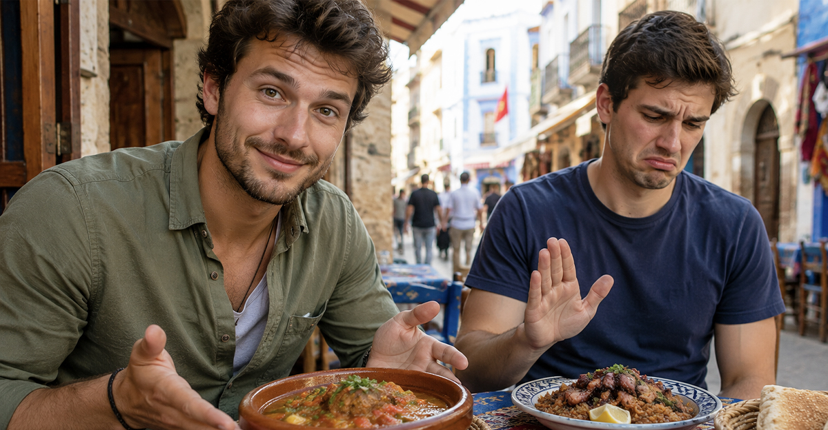 AI-generated image of a man traveling with a friend who refuses to try the local cuisine.