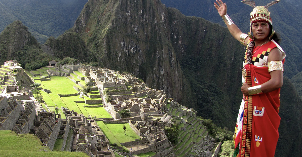 A man dressed in a typical Inca attire participates in a practice session atop of the Inca citadel of Machu Picchu on April 19, 2011, in preparation for the 100th anniversary ceremony celebrating the discovery of the site, to be held on July 24, 2011.
