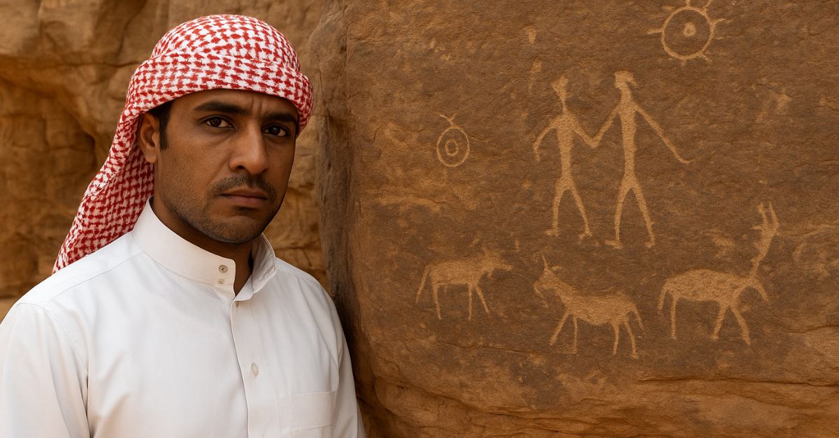 Man and Ancient Petroglyphs in Desert