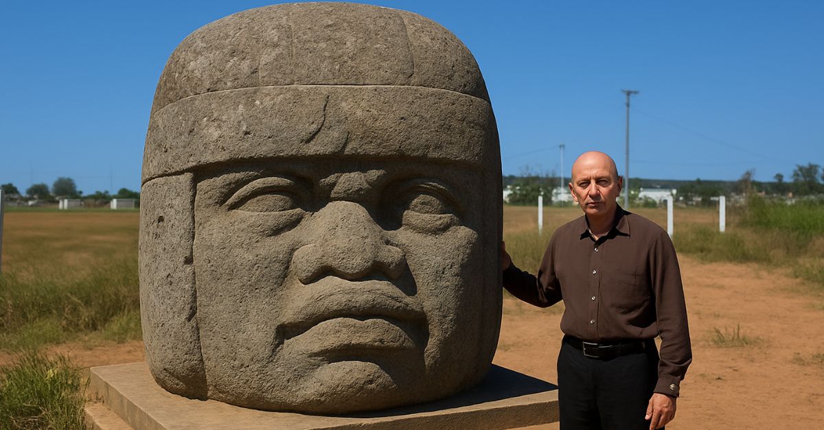 A man standing beside the olmec colossal heads