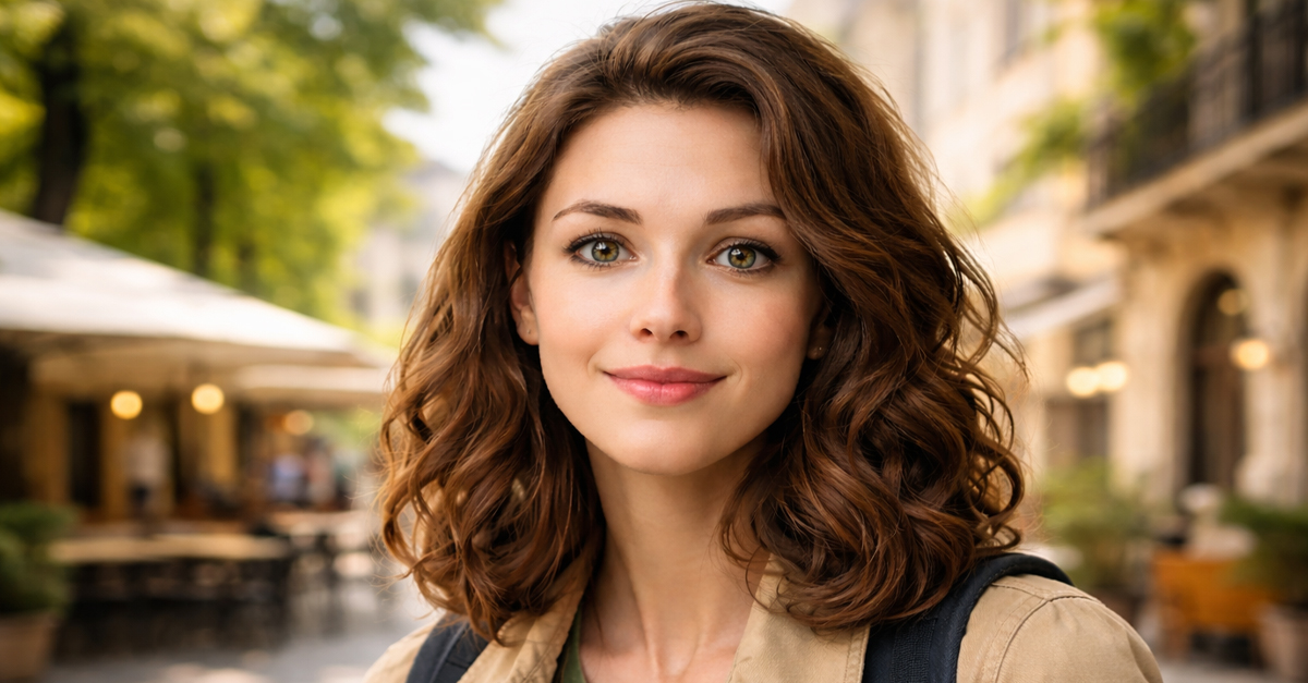 a female tourist close up brown hair smile