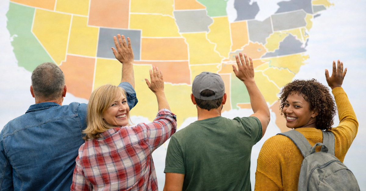 Americans waving at USA States map Map