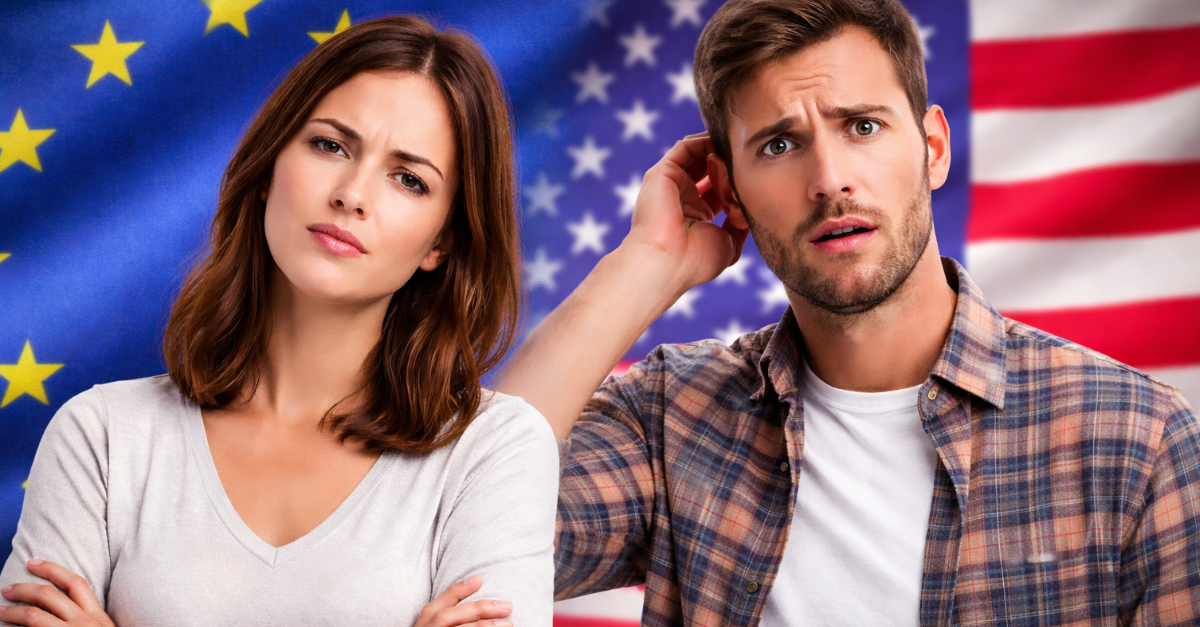 Europe Woman USA Man With Flags background