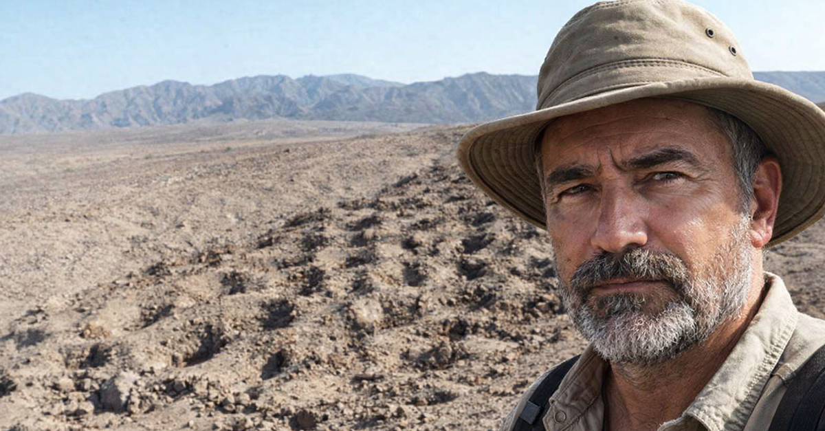 male archaeologist in front of a mountain covered in holes