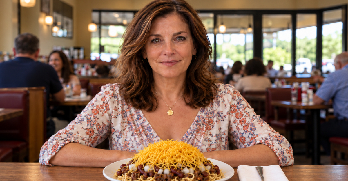 Woman in Restaurant, Spaghetti topped with chilli and cheese