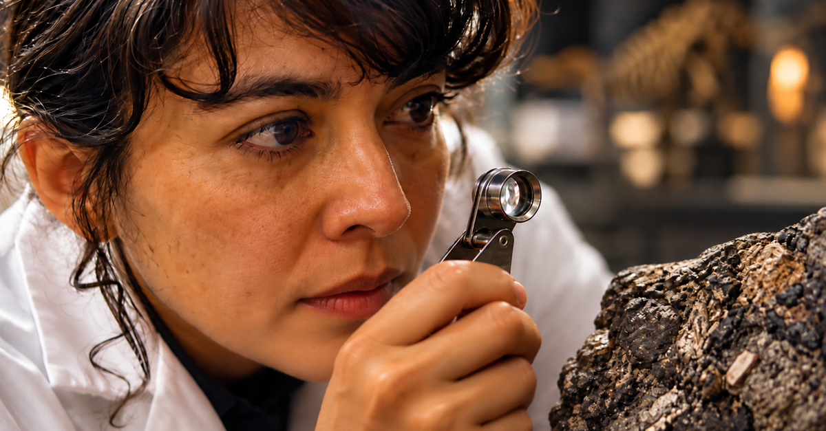 AI-generated image of a scientist examining coprolite, aka fossilized dinosaur poop