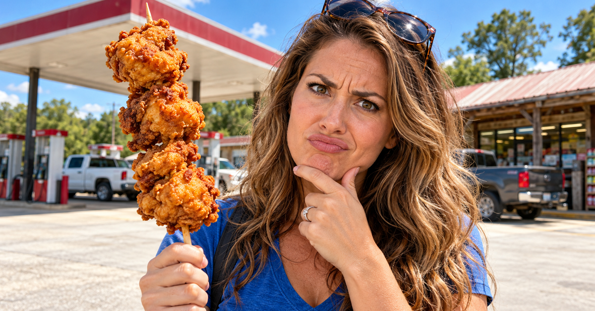 AI-generated image of woman holding chicken on a stick in front of a gas station