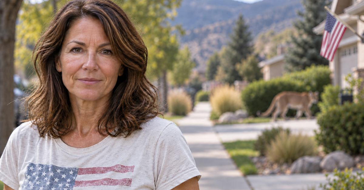 Woman in suburbs, mountain lion in background