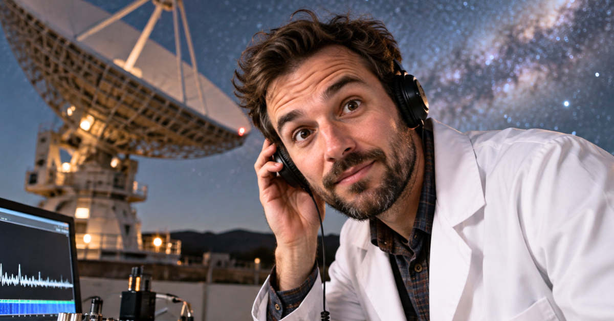 Astronomer listening to the universe through headphones.