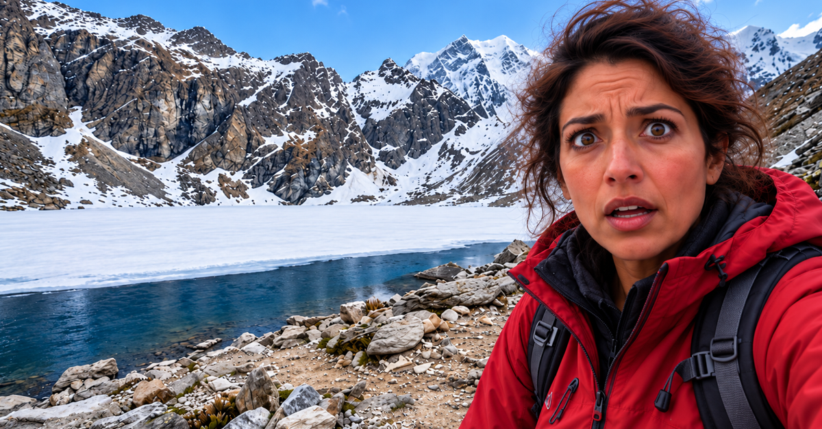 AI-generated image of a woman next to a remote lake