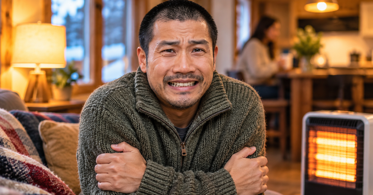 AI-generated image of a man shivering next to an electric heater