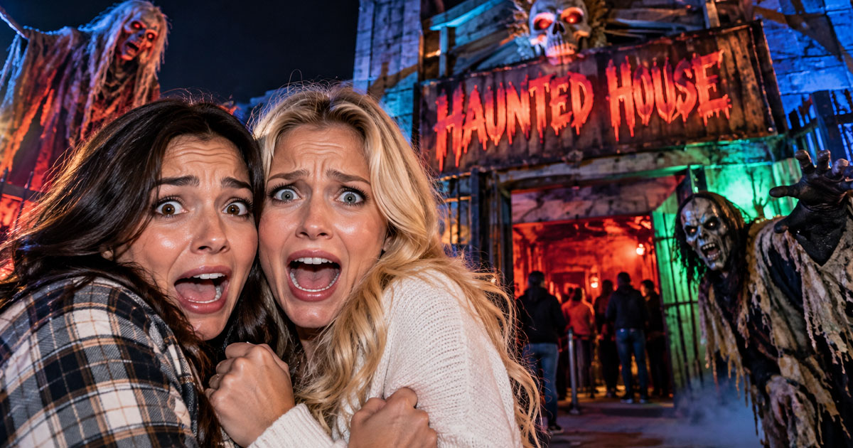 Two scared woman outside a haunted house