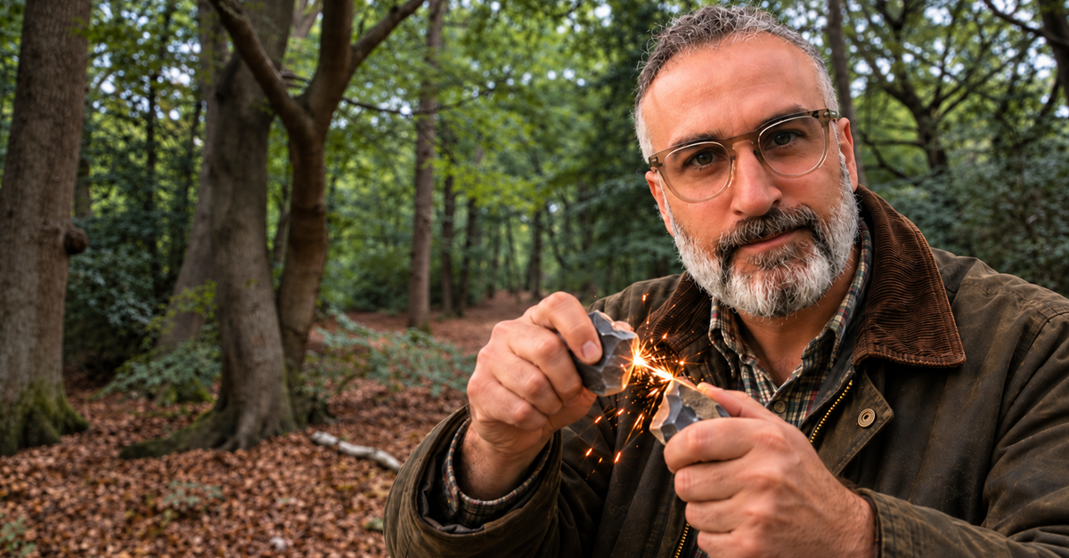 AI-generated image of archaeologist striking stones in woodland