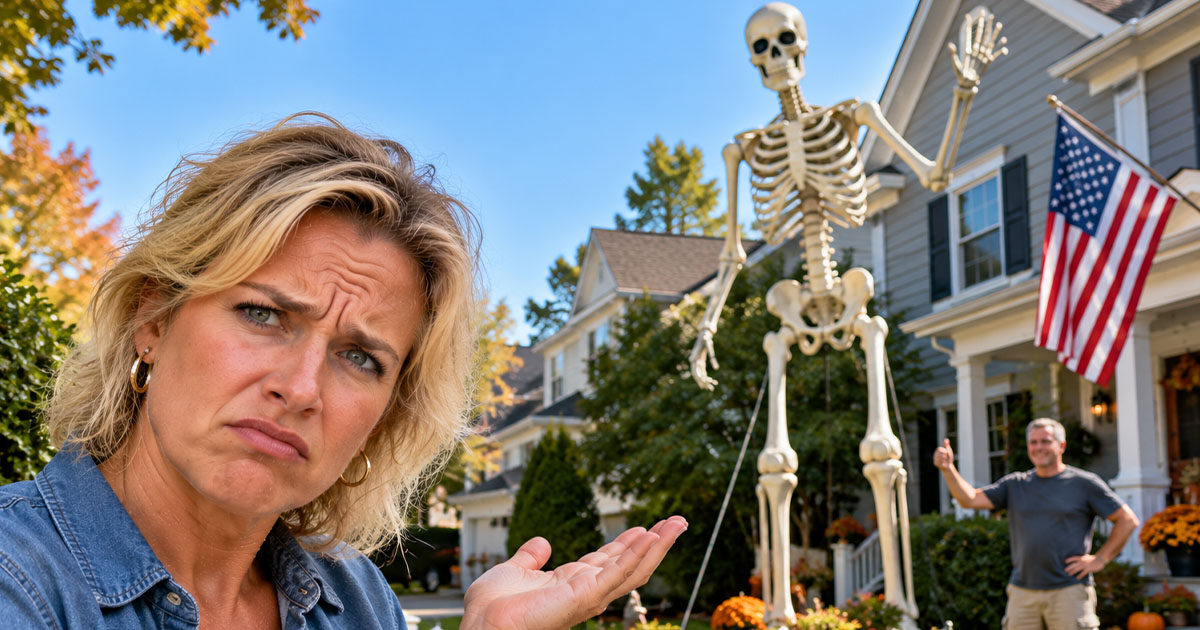 Annoyed blonde woman with a large skeleton