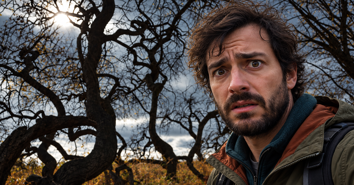 AI-generated image of a man next to the Crooked Bush in Saskatchewan