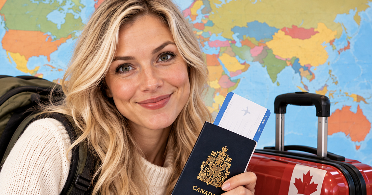 Blonde Canadian woman with a passport