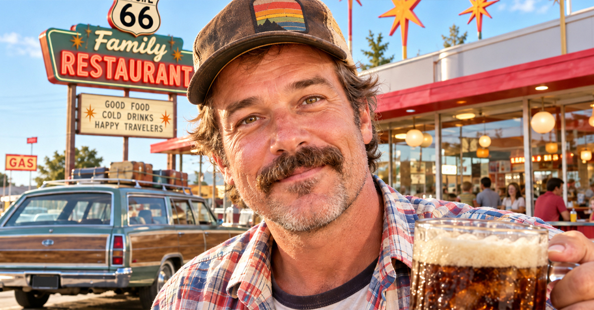 Middle-aged American road-tripper stopping by a chain restaurant.