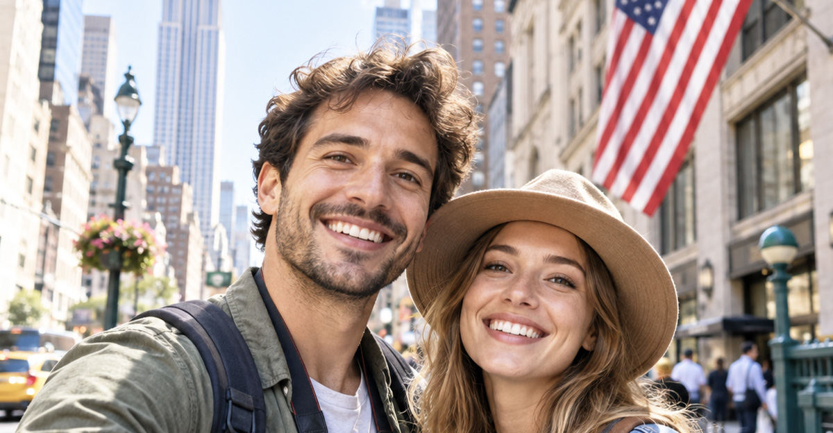AI-generated image of happy tourists in America.