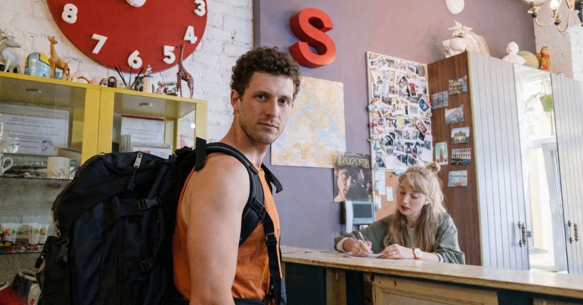 Tourist at hotel reception