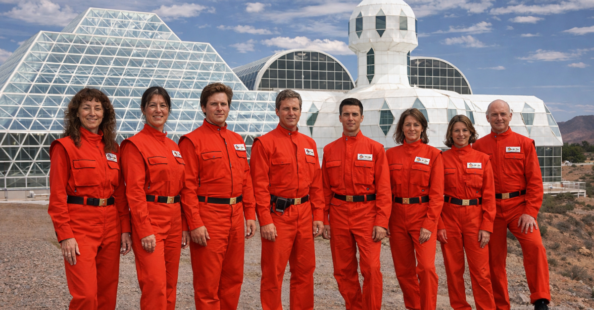 Crew in red jumpsuits at Biosphere 2