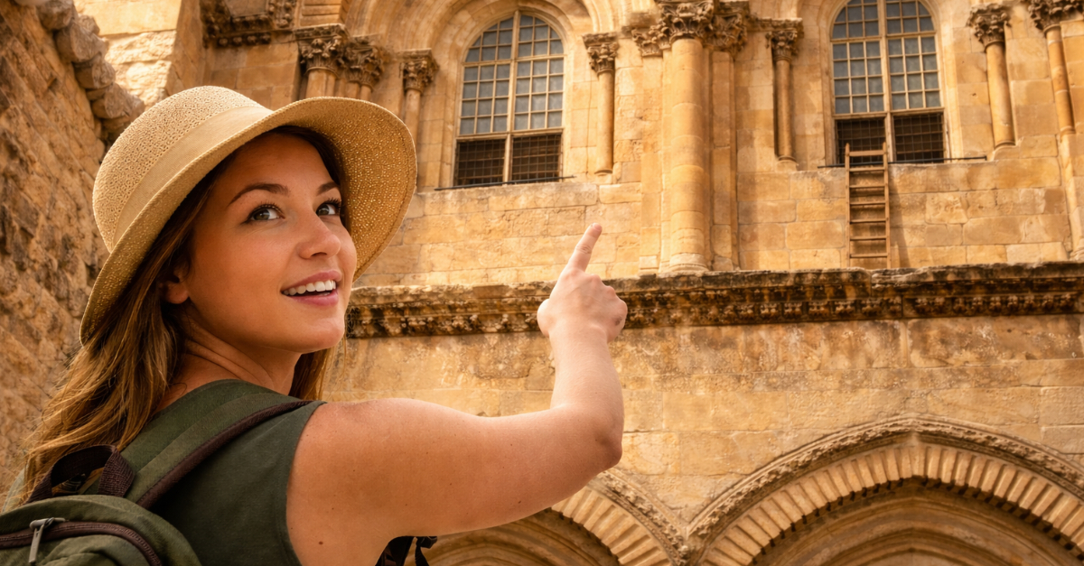 Woman pointing to the immovable ladder