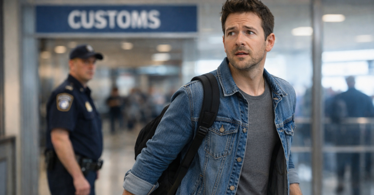 Worried traveler at customs checkpoint