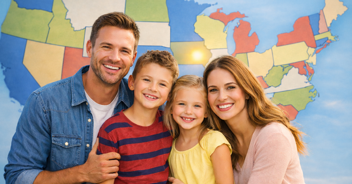 Family portrait with US map backdrop