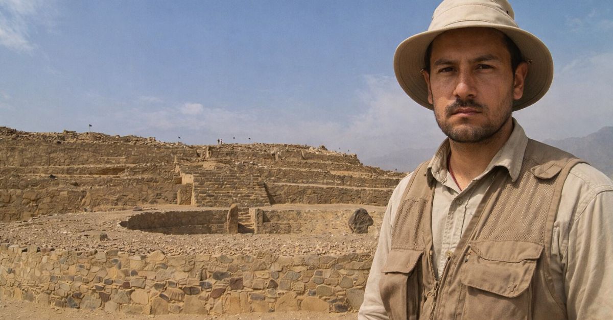 An Archeologist near the Mayor Pyramid at Caral, Peru.