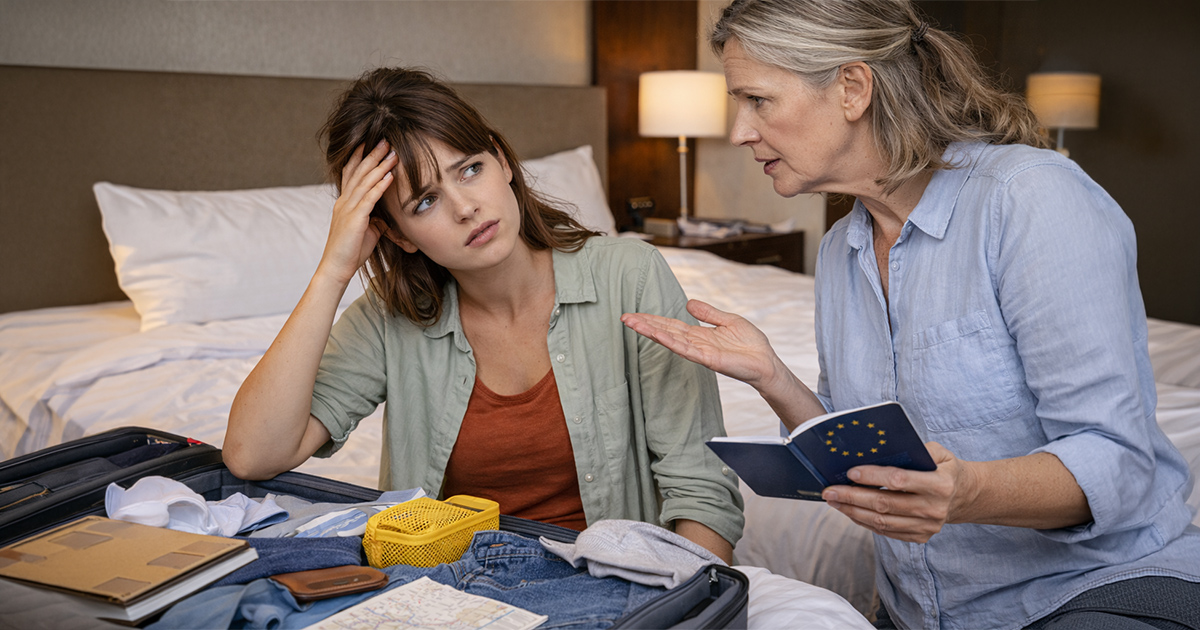Two concerned women packing for a trip.