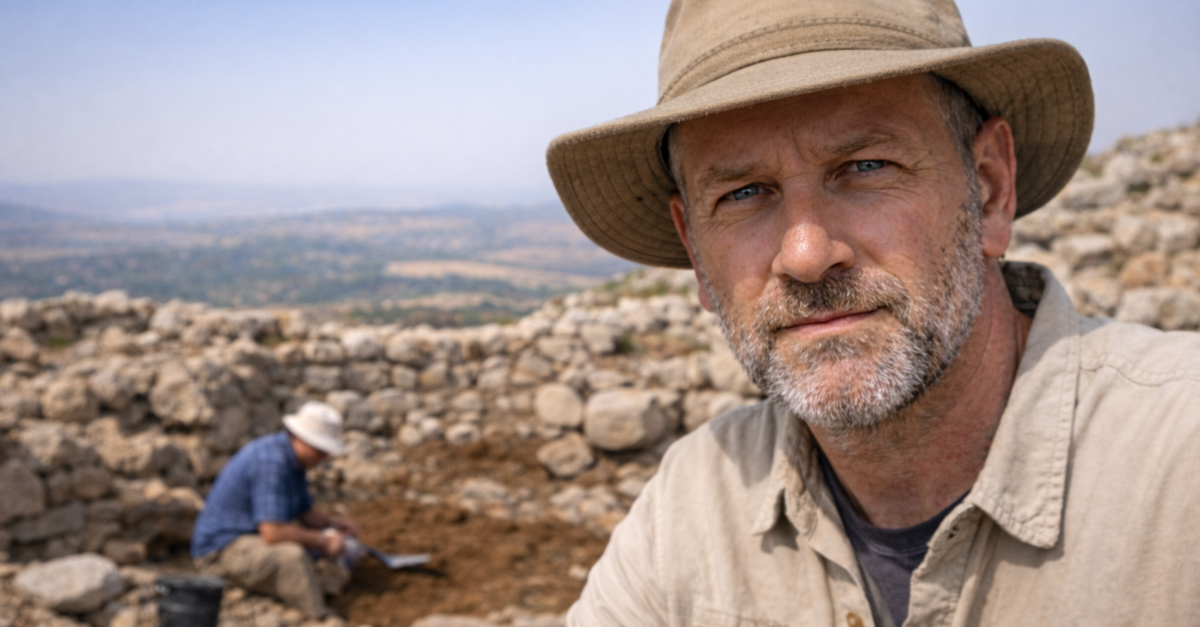 Focused archaeologist at a dig site