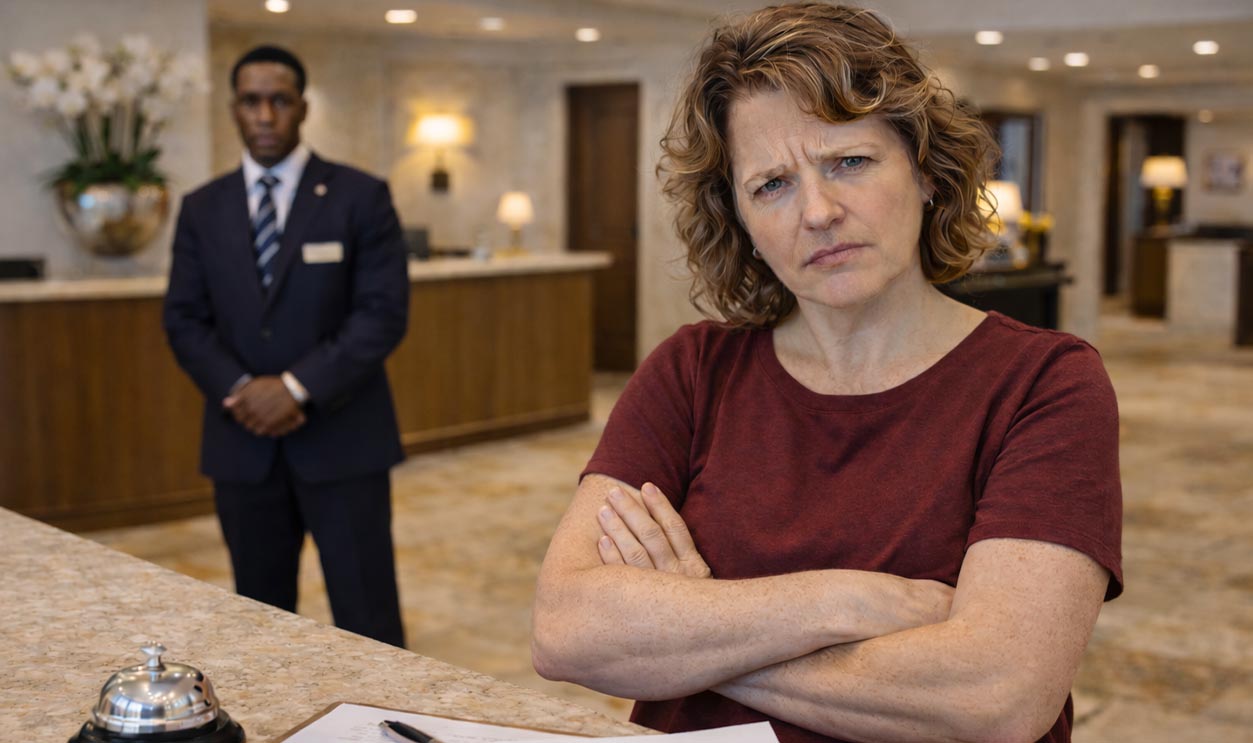 AI-generated image of a woman upset over hotel charges