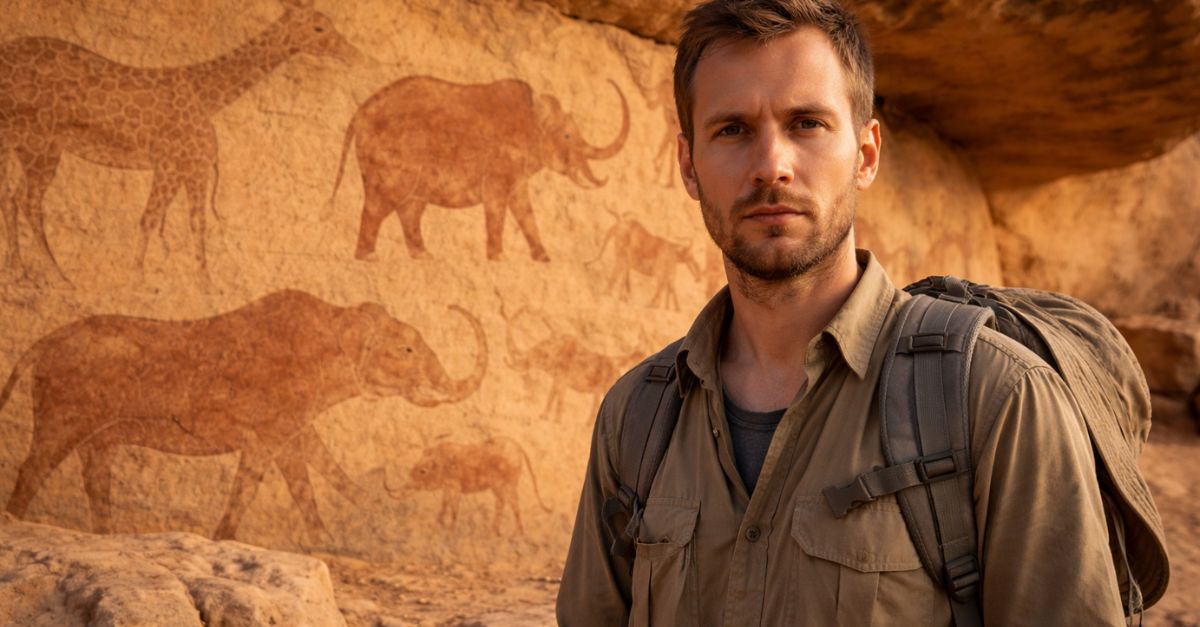 Researcher and ancient petroglyphs in Sahara