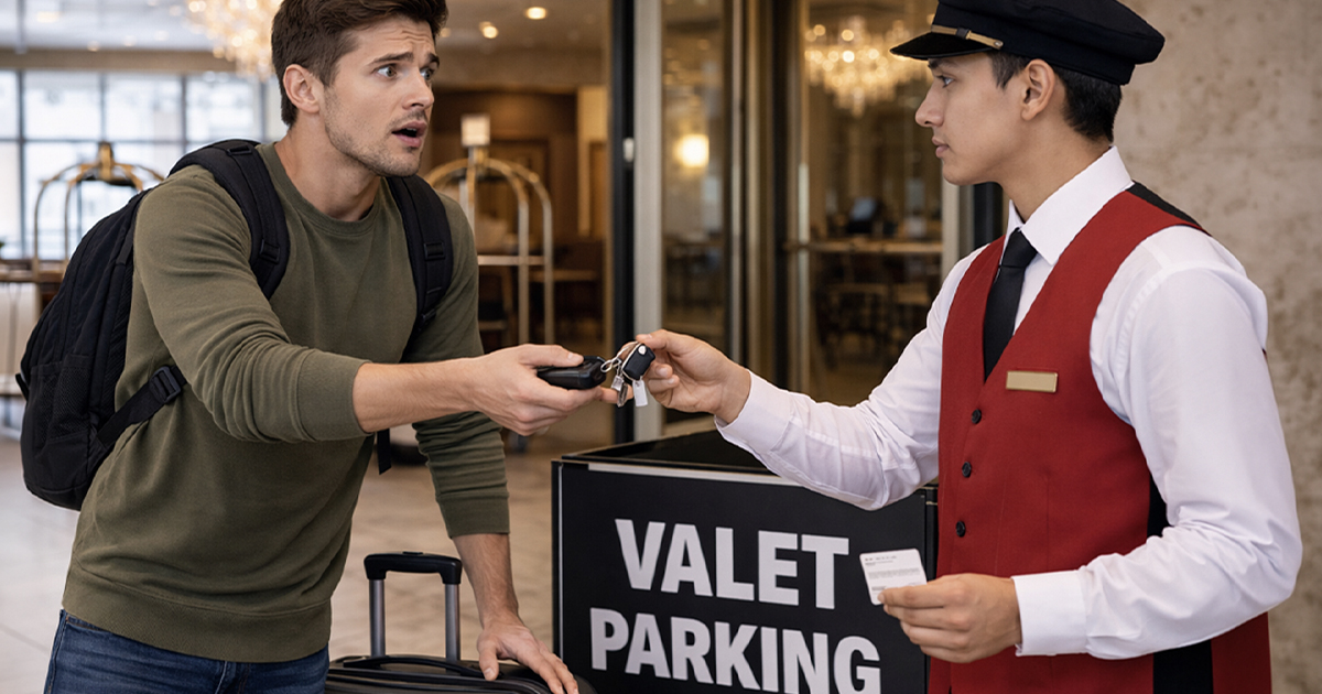 Shocked man giving his keys to a valet attendant