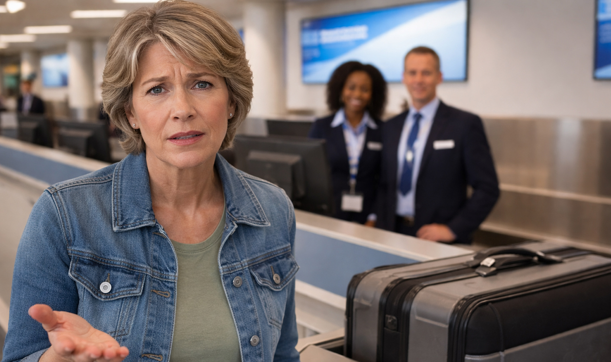 AI-generated image of a woman concerned about luggage being overweight.