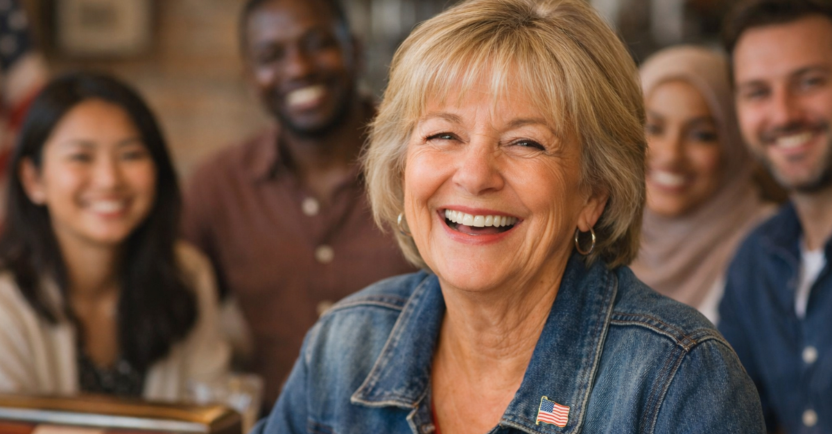 Older American woman with people in background